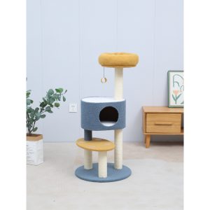 קולהקט מגרדת פרמיום לחתולים 3 קומות כחול צהוב