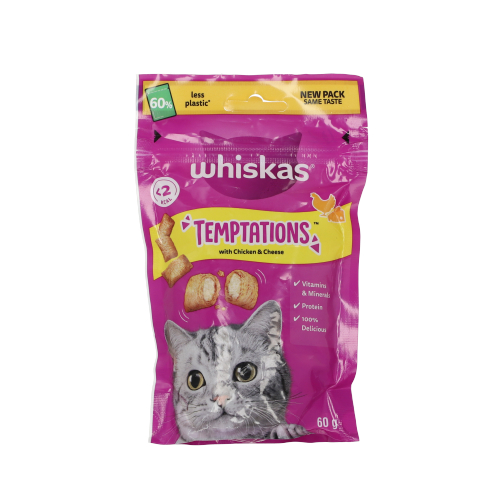 ויסקאס חטיף טמפטיישן לחתולים עוף וגבינה 60 גרם