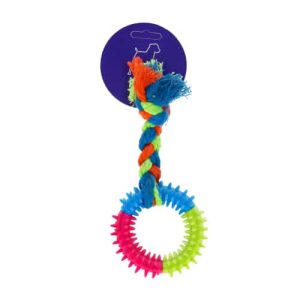 צעצוע חבל חבל צבעוני עם טבעת קוצנית לעיסוי הפה לכלב