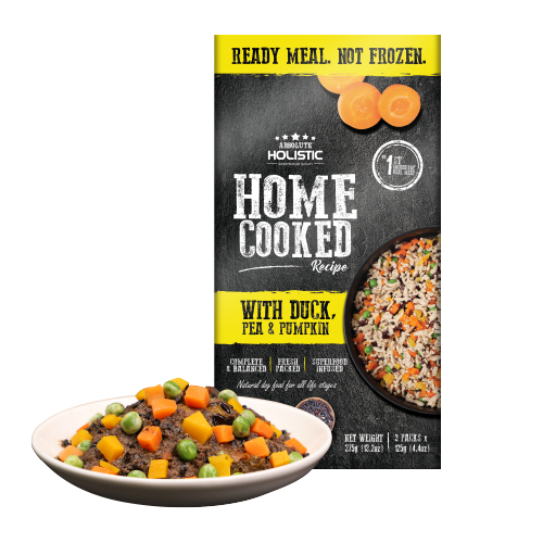 הום קוק מזון טבעי הוליסטי לכלבים ברווז, אפונה וסרדין 375 גרם